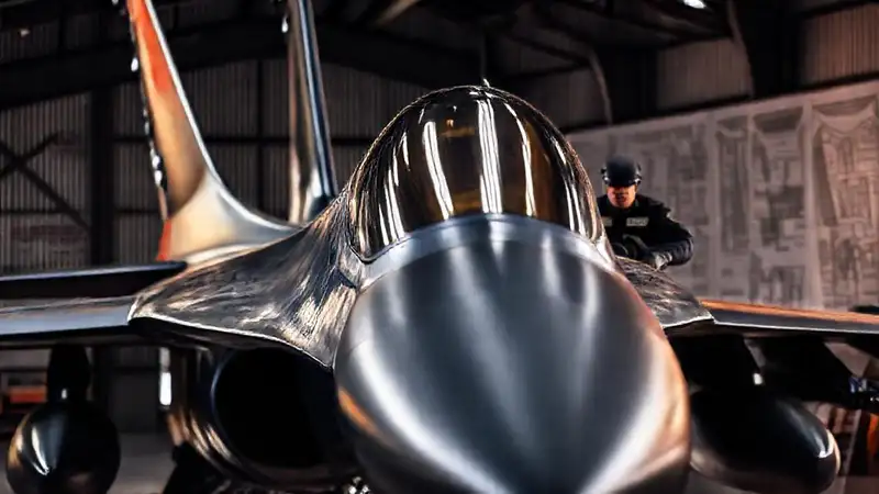 Un piloto serio examina un F-16