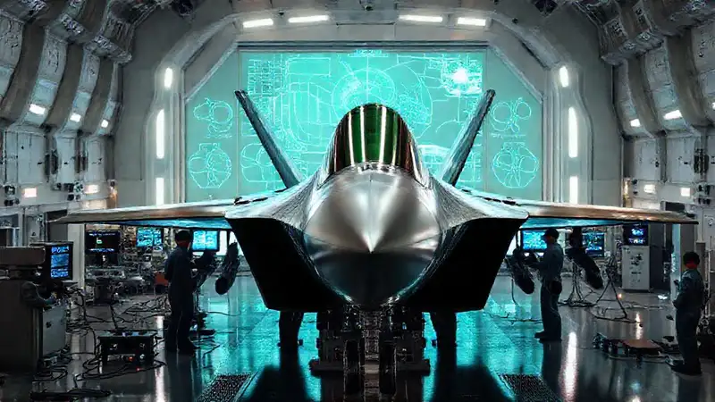 Técnicos revisan el F-22 futurista