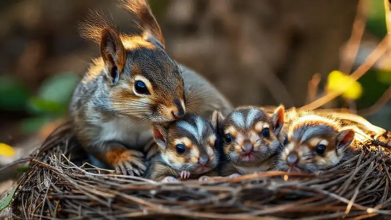 Ardilla madre con cachorros adorables